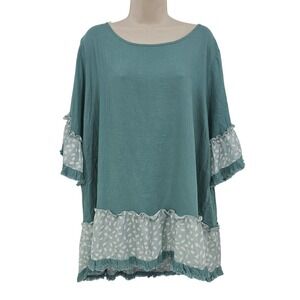Umgee USA Shirt Womens 2XL Teal‎ Linen Blend Ruffle Hem Sheer Contrast WA6251